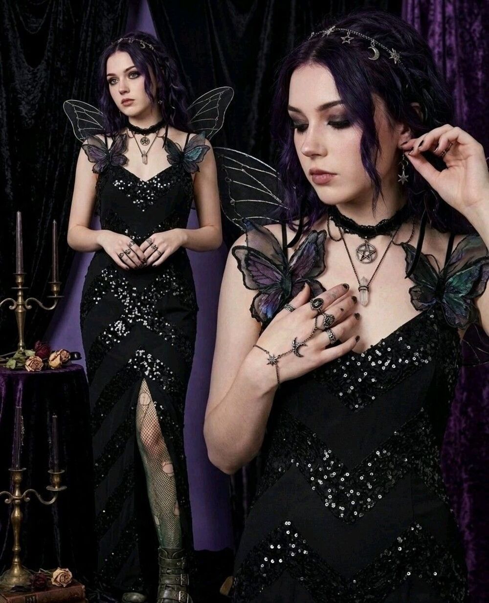 Vintage Y2K Black Silk Sequin Column Maxi Long Gown Evening Formal Slip Dress M - Picture 5 of 16
